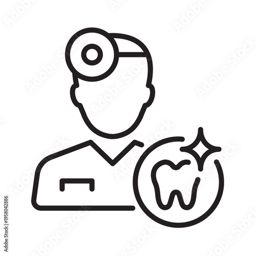Dentist icon with dental mirror and tooth in editable stroke outline vector style. Representing dental care, oral hygiene, and professional examination.