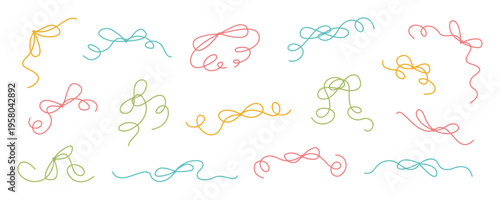 Romantic coquette sketch ribbon bow set in soft white space. Decorative wavy knot element as cute girly accent. Wedding bow frame and border idea for invite or card, simple vintage collection with