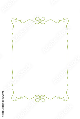 Whimsical hand drawn wedding frame in soft green line. Curly rectangle border as cute romantic ornament and simple decoration. Minimalist bow detail suits invite card or social media post with