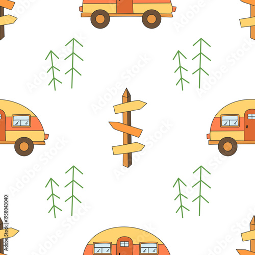 Seamless outdoor camp adventure doodle pattern in color style shows tree and car in a campground and forest setting. Camp elements travel concept combine for a nature background.