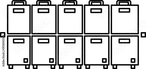 A line drawing of eight filing cabinets in two rows