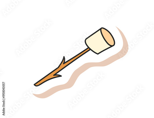Hand drawn marshmallow on a stick with color in campfire doodle style sticker. Cartoon outdoor icon in camp adventure, family fire sticker for camp activities and fun moments. Creative outdoor