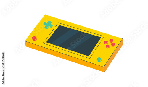 Flat retro y2k handheld videogame console with portable yellow gadget. Classic pad and video game device, modern entertainment element, cartoon illustration for technology art.