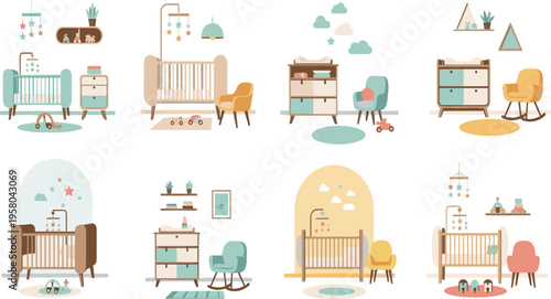 Baby Nursery Interior Vector Collection with Cribs Chairs Dressers Shelves and Cute Room Decor Elements for Kids Room Design Parenting Illustrations and Home Projects.
