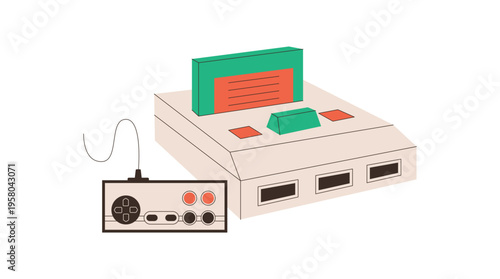 Retro video game console and gamepad in flat style. Joystick controller with green cartridge, classic 80s and 90s entertainment, perfect for vintage gamer old videogame collection context.