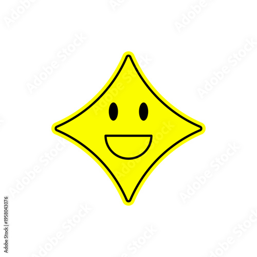 Happy yellow star emoji sticker in trendy y2k cartoon graphic style. Retro label with smile and playful eyes, flat graphic, cool for aesthetic vibes and fun modern creative projects.