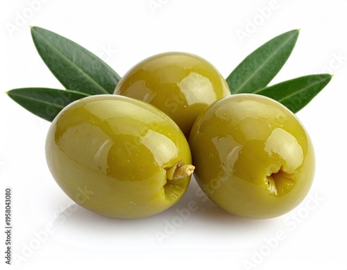 Fresh Green Olives with Leaves Isolated on White Background.