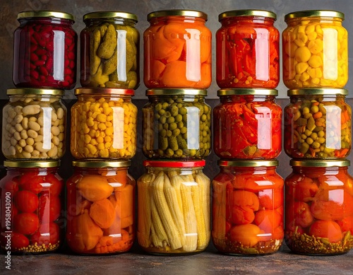 Assortment of colorful homemade preserved vegetables and fruits in glass jars stacked neatly.