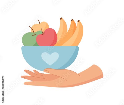 Food donation support concept in flat style. Helping hand with food bowl as charity help and care for needy people. Fruit gift for hunger relief on white background donate and give message