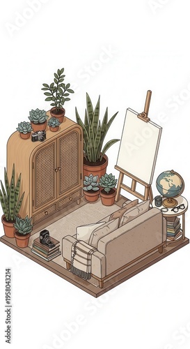 Cozy Artist Studio Corner With Plants And Vintage Furniture Art