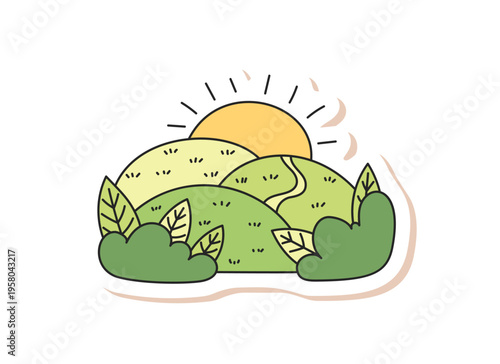 Green mountain adventure doodle sticker in outdoor nature icon style. Forest campground scene with color graphic, perfect for hiking and camp themes or travel summer excursion.