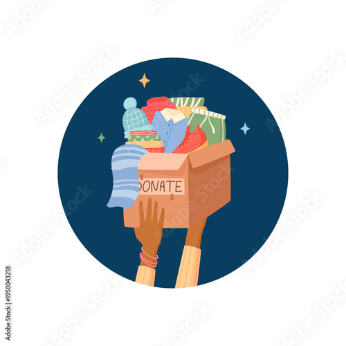 Round sticker with clothes donation box and hand in flat style. Charity gift crate of textile cloth as warm support for needy people. Social help symbol for community box cover label and donate