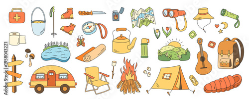 Doodle outdoor adventure camp icon set in color. Map, campfire, tent, backpack and hiking essentials create a vibrant camp collection. Perfect for summer trip, outdoor adventure and tourist