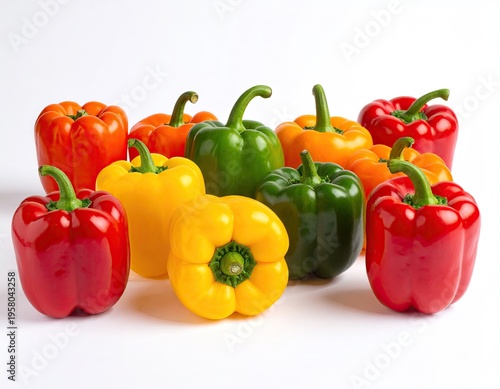 Vibrant Assortment of Fresh Bell Peppers on White Background.