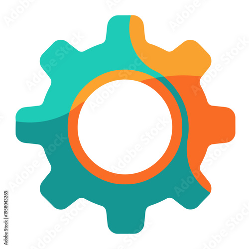 Dynamic abstract gear icon design featuring overlapping teal and orange shapes, symbolizing modern technology, innovative processes, and efficient system settings