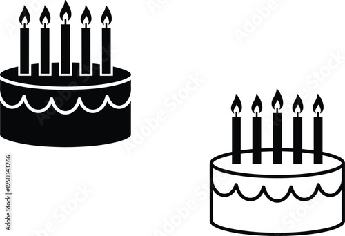 Birthday cake icon set featuring minimalist line art and solid black silhouettes with five lit candles for anniversary celebrations, party invitations, and bakery branding.