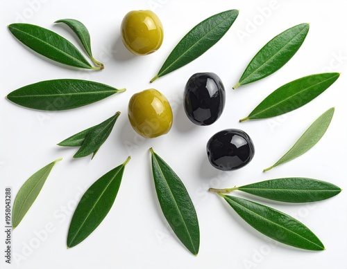 Fresh Green and Black Olives with Leaves on White Background.