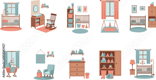 Baby Nursery Room Interior Vector Set with Crib Furniture Toys Decor and Cozy Elements for Kids Room Design Parenting Illustrations and Home Decoration Projects.