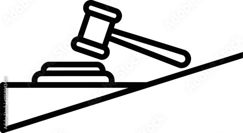 A black and white line drawing of a gavel on a desk