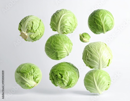Fresh Green Cabbage Heads Floating in Air on White Background.