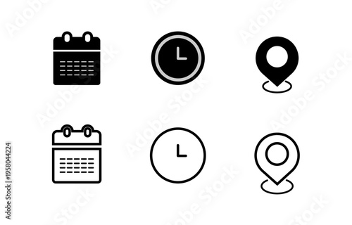 Time and location scheduling icons set. Clocks, maps and calendars. Thin line editable stroke icon illustrations
