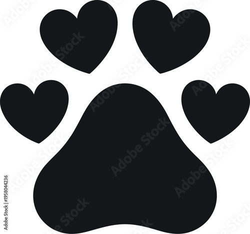 Paw icon with heart symbols representing pet love, animal care concept and cute veterinary illustration