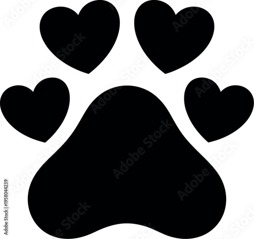 Paw icon with heart symbols representing pet love, animal care concept and cute veterinary illustration