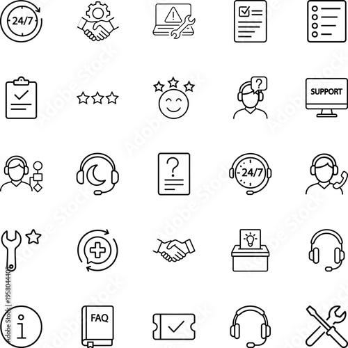 Customer service technical support line icon set 24/7 headset wrench document