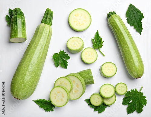 Fresh Green Zucchini and Slices with Leaves on White Background.