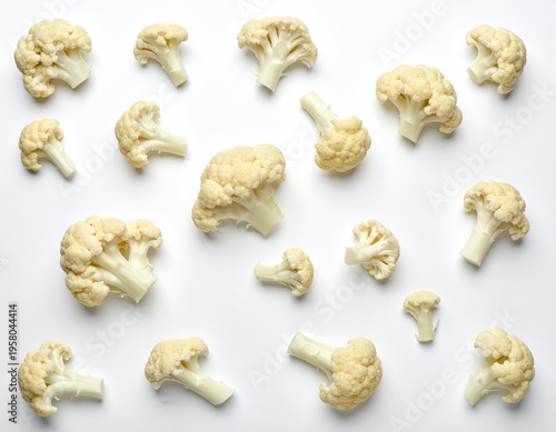 Fresh Raw Cauliflower Florets Scattered on a Clean White Background.