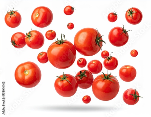 Fresh Red Tomatoes Floating in Air on a White Background.