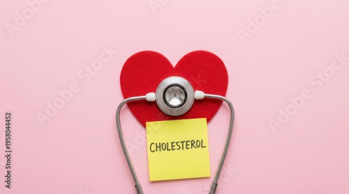 Red Heart With Stethoscope And Cholesterol Note On Pastel Pink Background Medical Concept