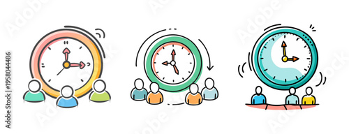 Diverse group of people collaborating around a clock, symbolizing meeting time management and teamwork