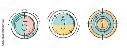 Set of three stylized countdown timer icons with numbers 5, 3, and 1.