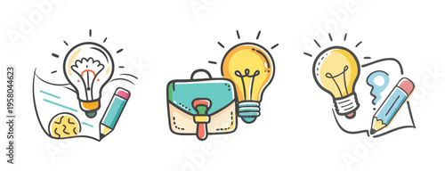 Creative brief icons featuring light bulbs, briefcase, and pencil for ideas.