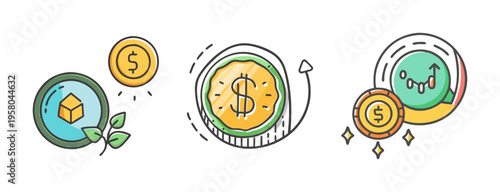 Cryptocurrency icons showing coins, plants, and growth charts as financial hedge.