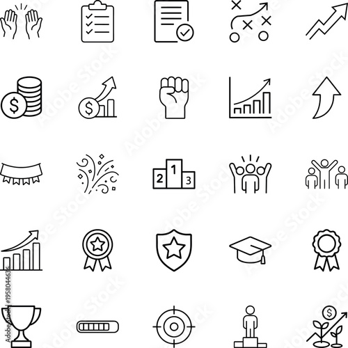 Business success achievement line outline icon set growth chart money medal trophy