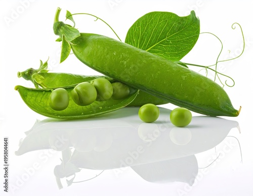 Fresh green peas in pods with leaves on a white background with reflection.