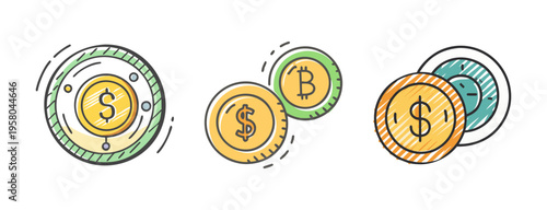 Cryptocurrency icons with dollar coins and Bitcoin symbol for digital finance.