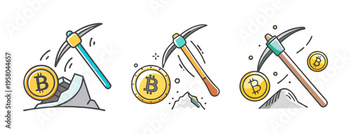 Bitcoin mining icons with pickaxes breaking rocks and coins for digital currency.