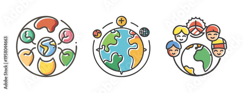 Cultural diversity icons with diverse people, globe, and symbols of unity.