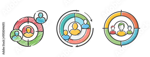 Customer segmentation icons showing target audience groups and demographics.
