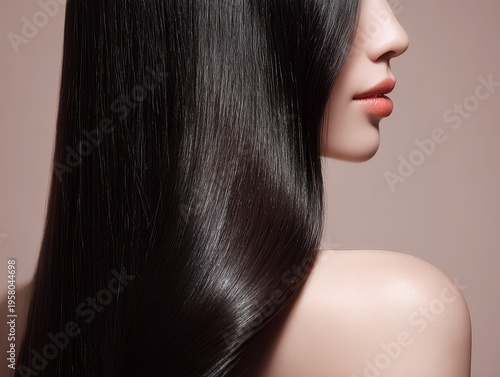 艶やかで美しいキューティクルが輝く黒髪ロングヘアをなびかせる横顔の女性の背中