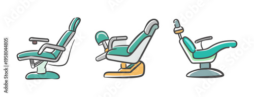 Three dental chairs in a doodle style for dental clinics and oral healthcare services