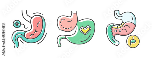 Digestive health icons showing stomach anatomy and well-being for medical concepts