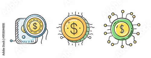 Digital currency icons showing coins with dollar signs and circuit board elements