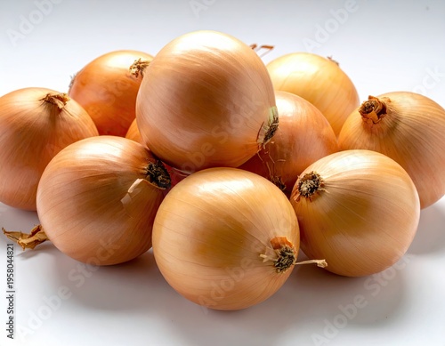 Pile of Fresh Brown Onions on a White Background.