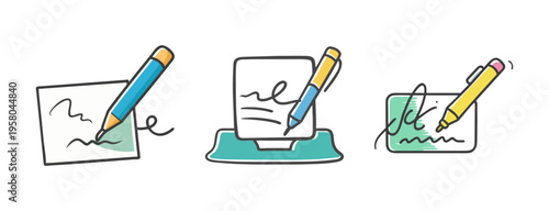 Digital signature icons depicting signing on paper, tablet, and card with pens