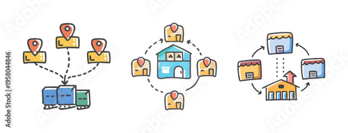 Distribution center icons illustrating logistics, supply chain, and delivery network.