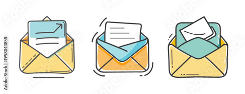 Direct mail icons showing open envelopes with letters and charts inside